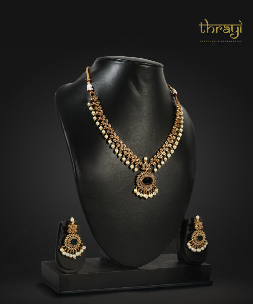 Pearl Necklace with Green and AD Stones (#006)