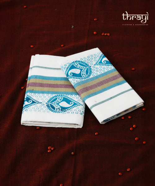 Printed Mulloth Set Mundu with Blue Motif Print