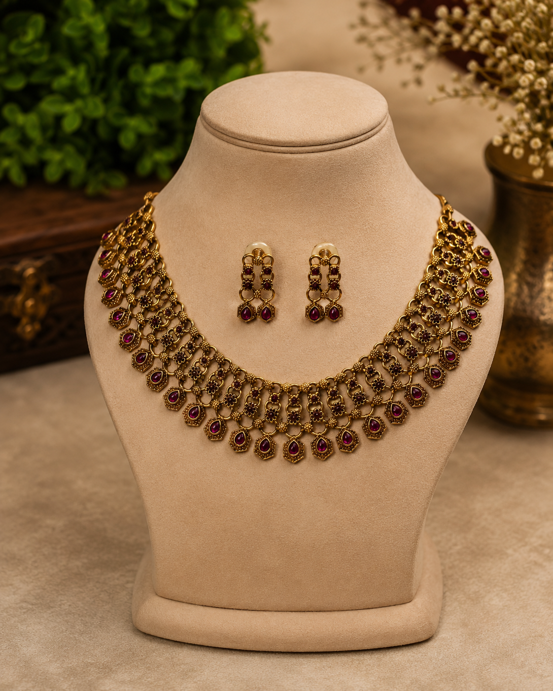 Antique Gold Meena Temple Jewellery Set