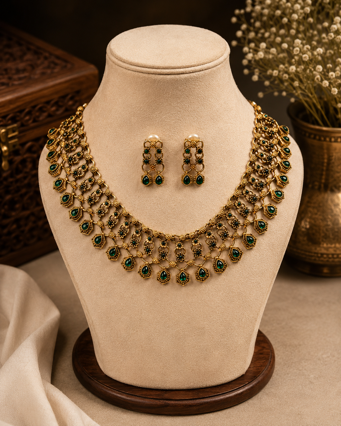 Antique Gold Meena Temple Jewellery Set