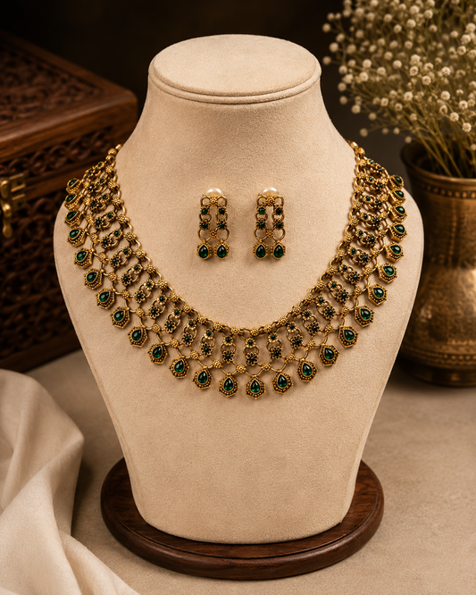 Antique Gold Meena Temple Jewellery Set