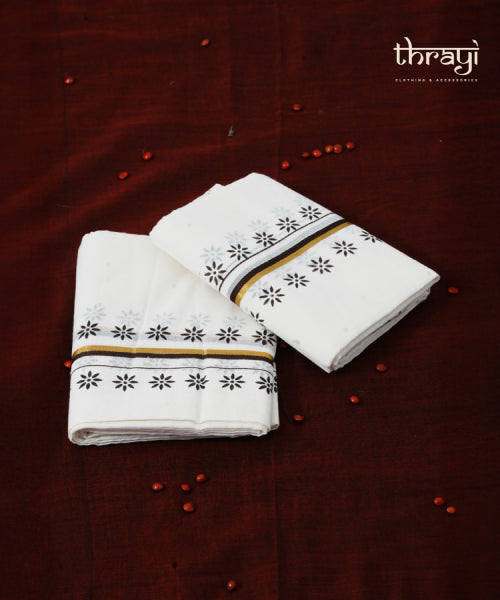 Black & Gold Kasavu Set Mundu with Floral Motifs