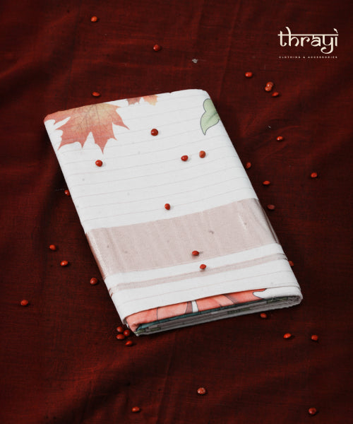 Floral Print Set Saree with Copper Kasavu Border