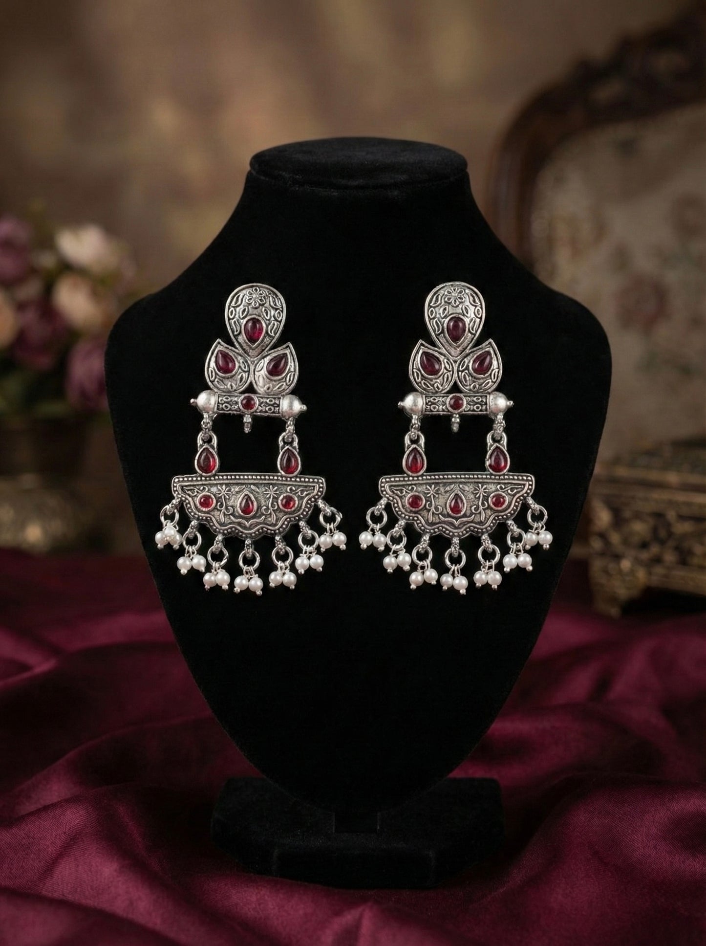 Vintage Silver Oxidised Chandelier Earrings(#060)