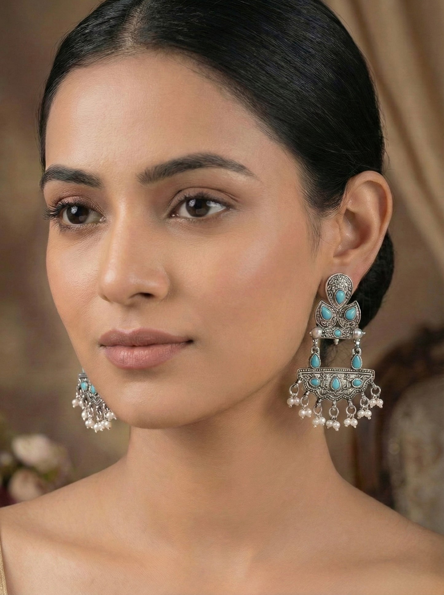 Vintage Silver Oxidised Chandelier Earrings(#060)