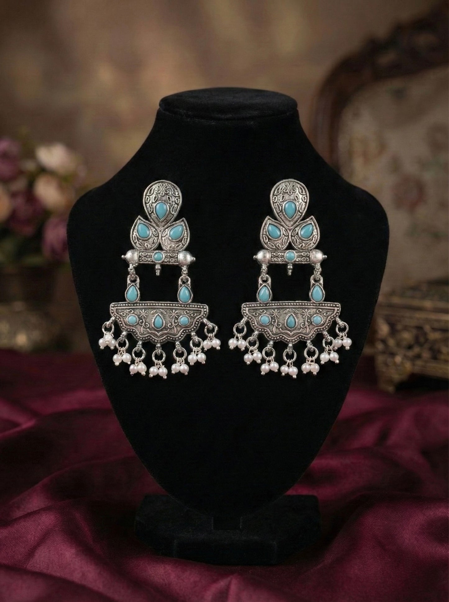 Vintage Silver Oxidised Chandelier Earrings(#060)