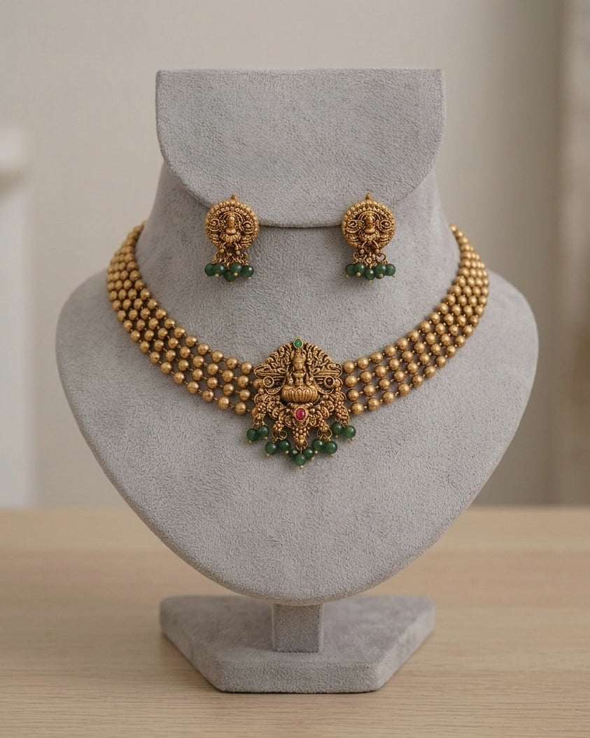 Lakshmi Temple Choker Set Classic gold beaded finish (#078)