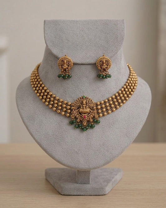 Lakshmi Temple Choker Set Classic gold beaded finish (#078)