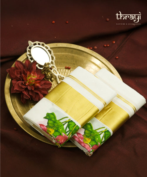 Lotus Printed Kasavu Set Mundu