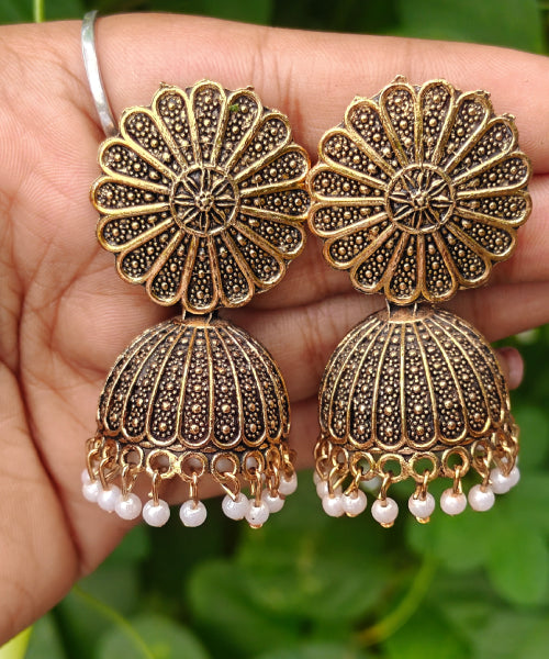 Oxidised Golden Flower Jhumka (#027)