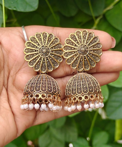 Oxidised Golden Flower Jhumka (#027)
