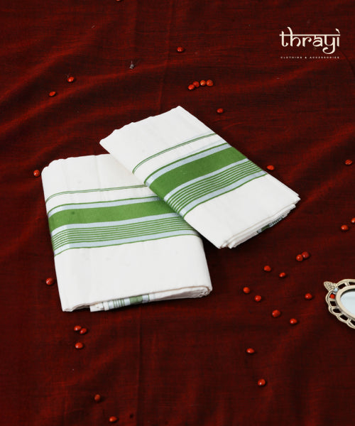 Pastel Green Set Mundu with Silver Kasavu Border