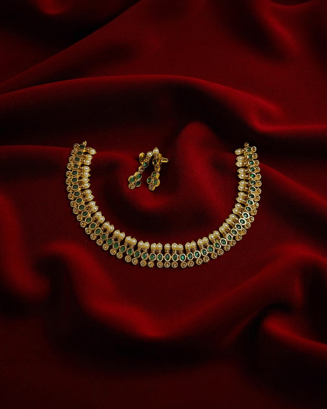 Thrayi Green Stone Pearl Necklace(#041)