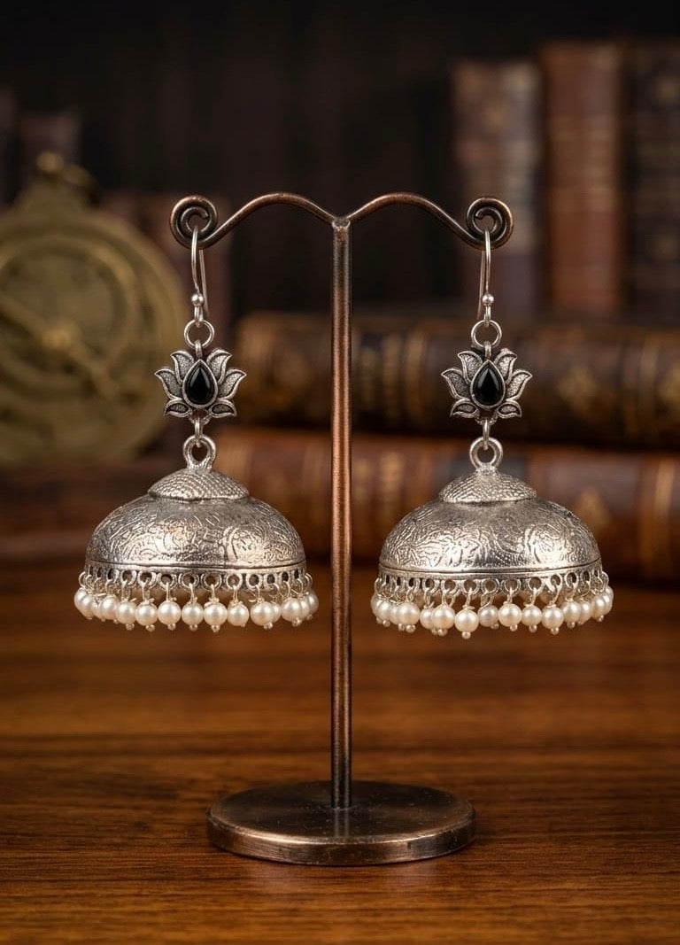 Oxidised Silver Lotus Pearl Jhumka