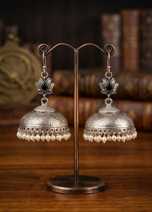 Oxidised Silver Lotus Pearl Jhumka